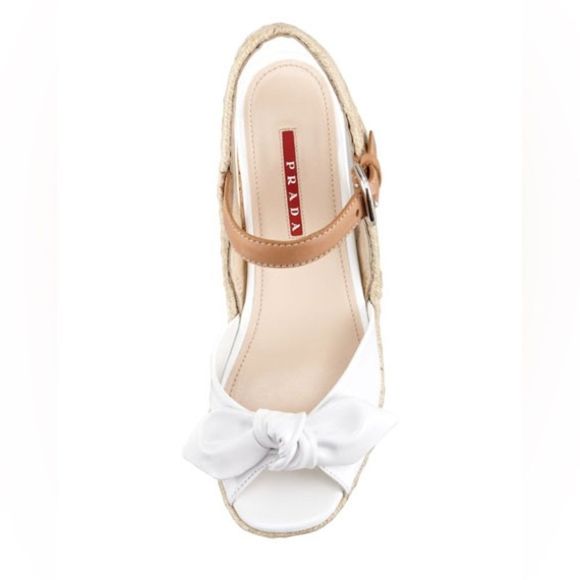 Prada Sport NWOT White Patent Leather Bow Cork Wedge Espadrille. Size 35.5. - Picture 3 of 11
